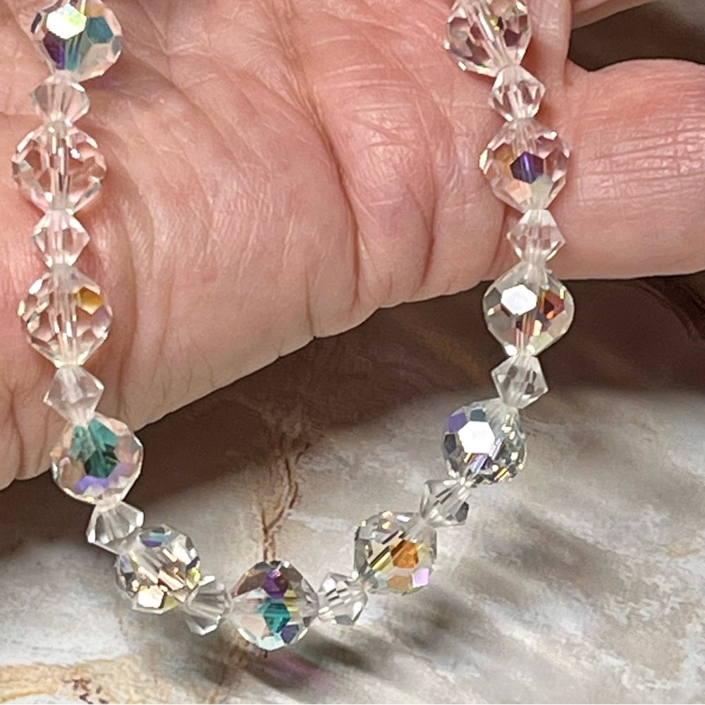 VTG 1940s 50s Clear AB Crystal Beads Choker Japan Hook Aurora Borealis 14-16 In